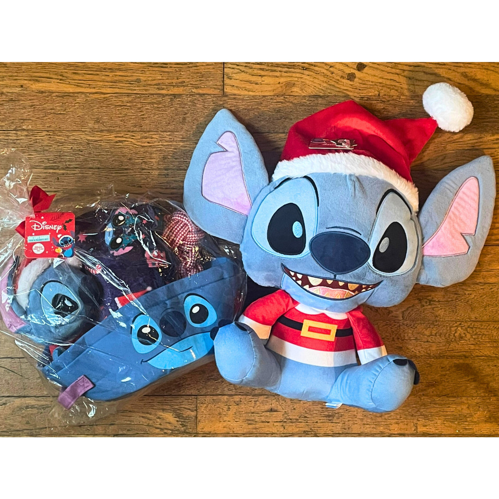 Stitch Disney Dog Toy Gift Set 2 Squeaky Plush 18"H & 8"H Blanket & Basket New